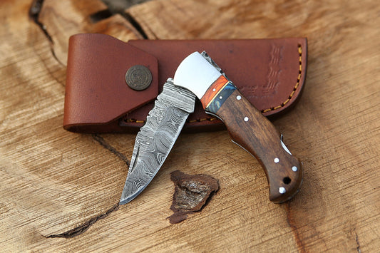 Handmade Damascus Folding Pocket Knife – Rosewood Handle