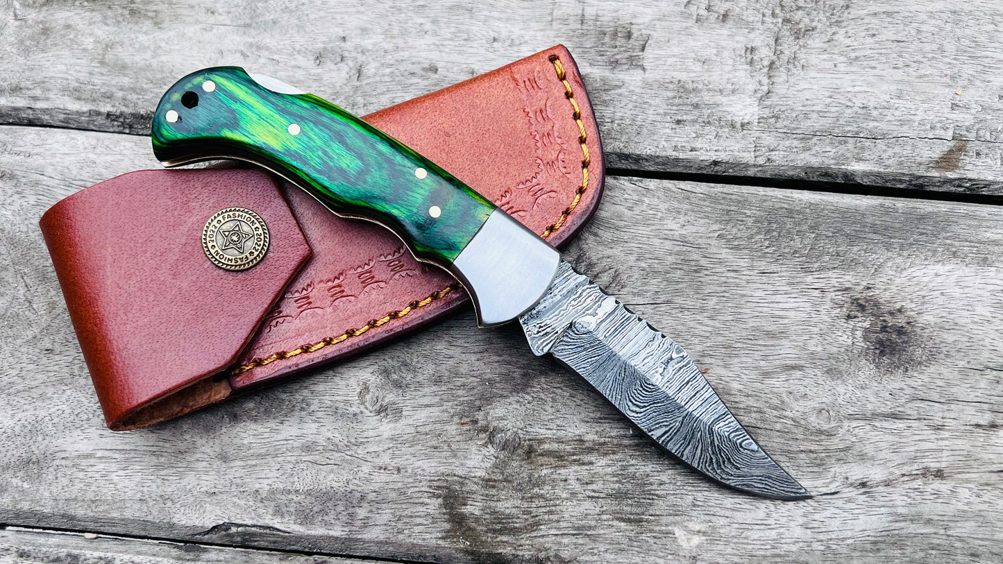 Handmade Damascus Folding Pocket Knife – Rosewood Handle