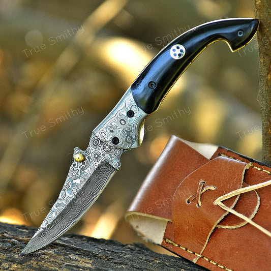 Damascus Steel Folding Pocket Knife – Buffalo Horn Handle, Personalized