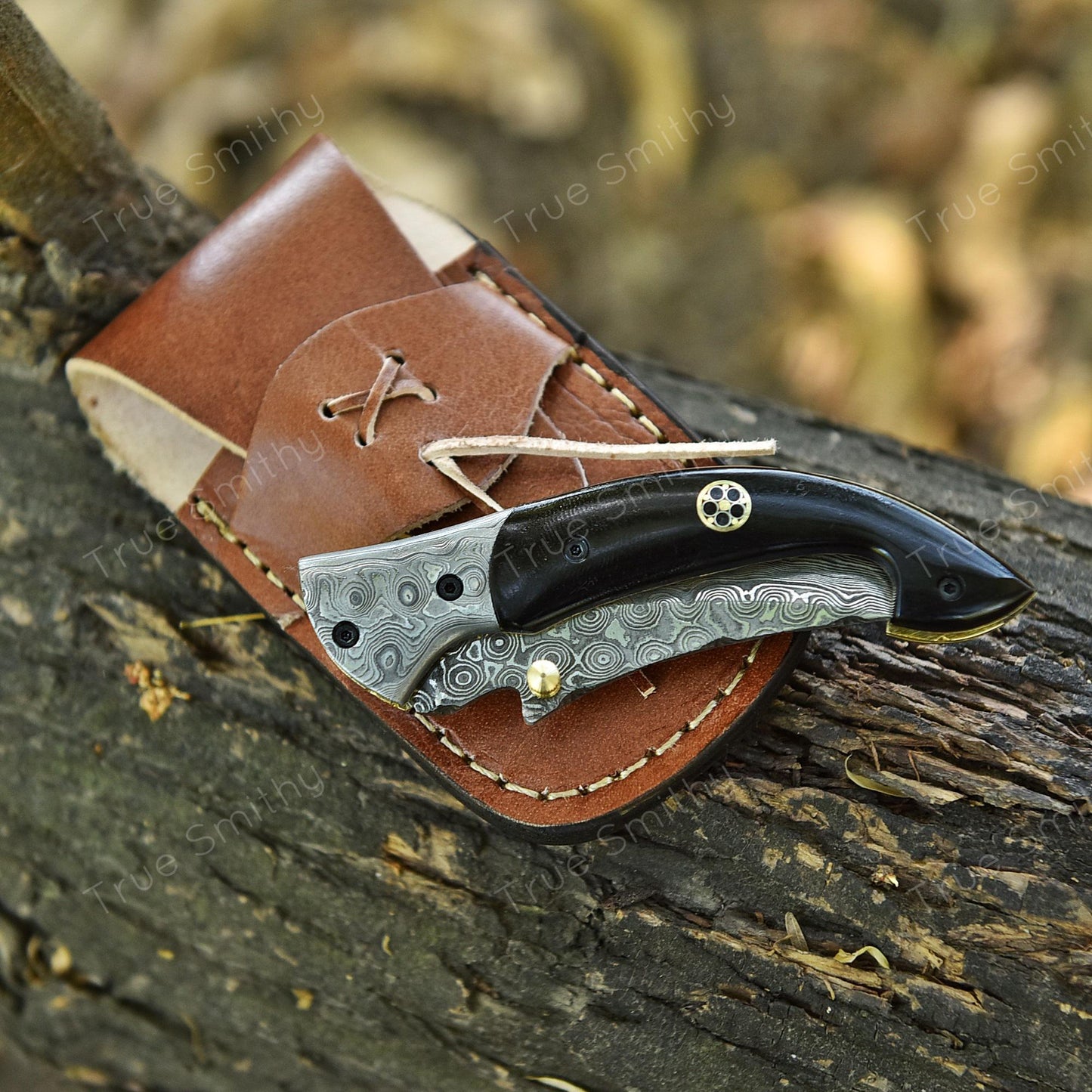 Damascus Steel Folding Pocket Knife – Buffalo Horn Handle, Personalized