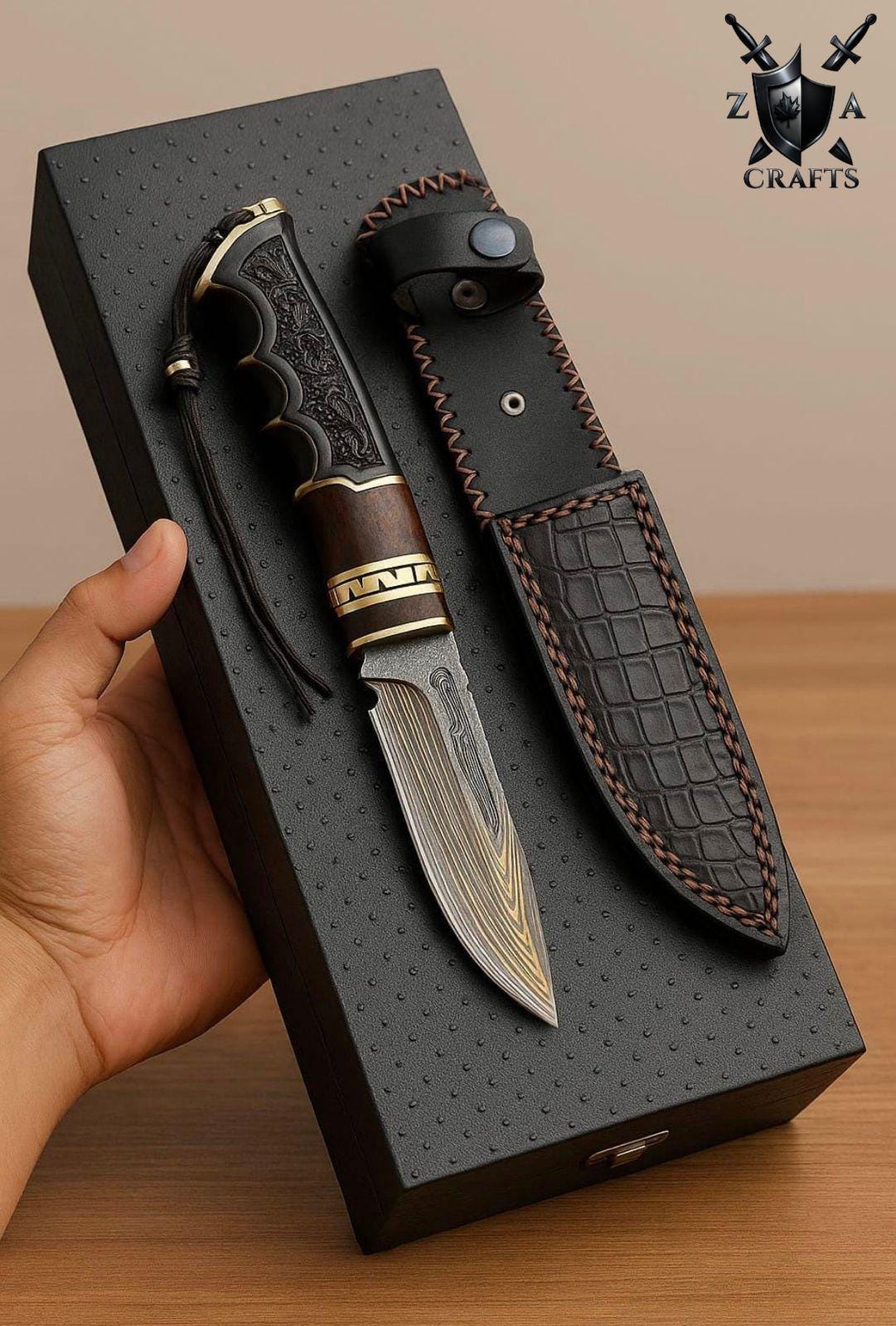 Hand-Forged Damascus Hunting Knife with Leather Sheath