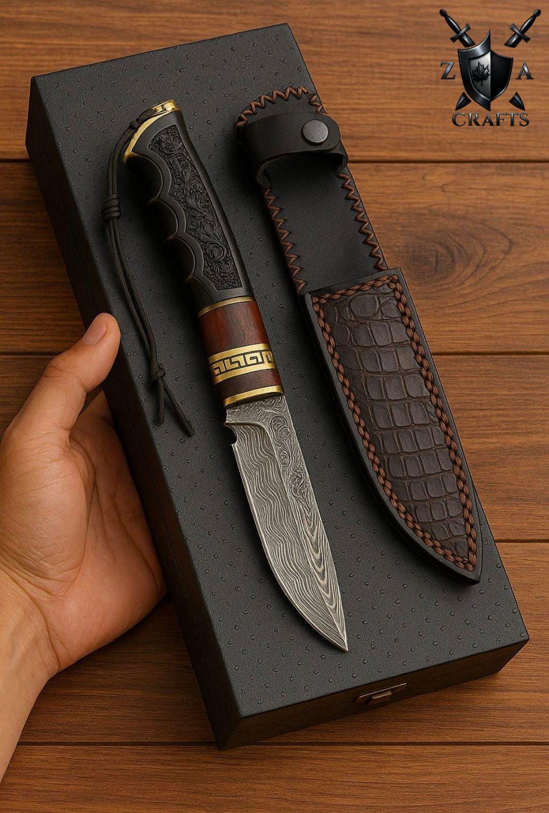Hand-Forged Damascus Hunting Knife with Leather Sheath