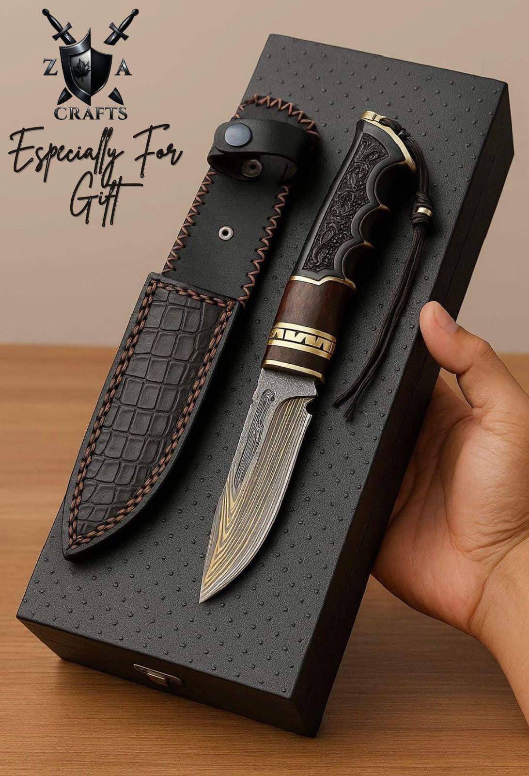 Hand-Forged Damascus Hunting Knife with Leather Sheath