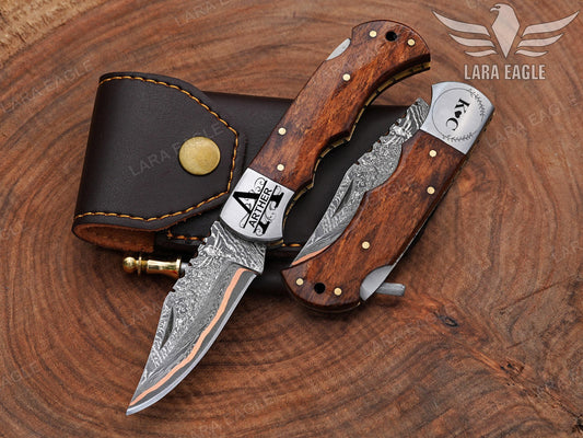 Copper Damascus Folding Knife – Personalized Gift for Him