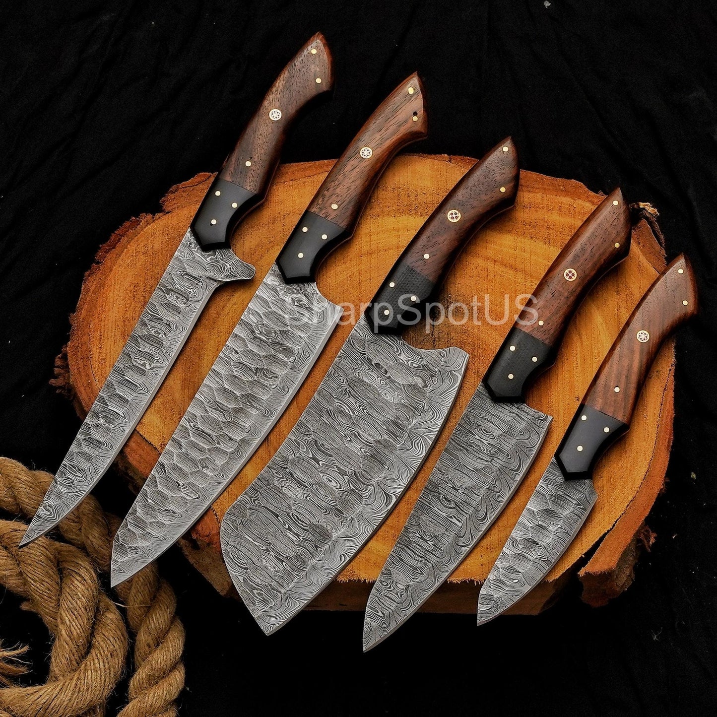 Forged Damascus Chef Knife Set with Leather Roll