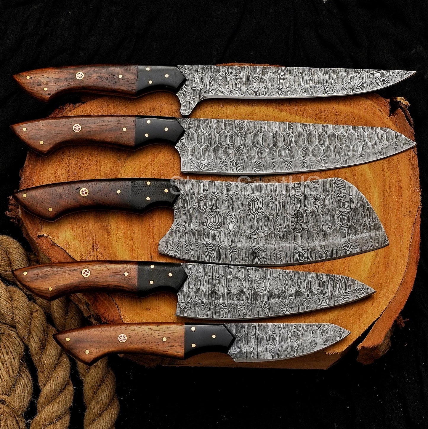 Forged Damascus Chef Knife Set with Leather Roll