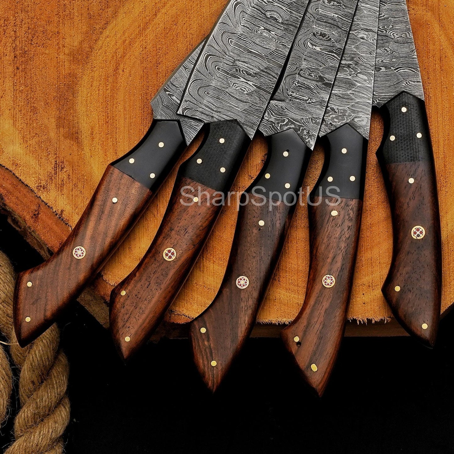 Forged Damascus Chef Knife Set with Leather Roll