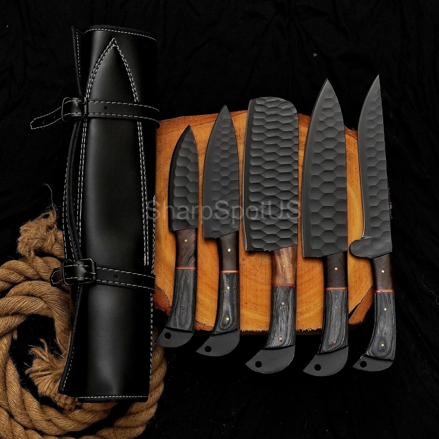 Forged Damascus Chef Knife Set with Leather Roll