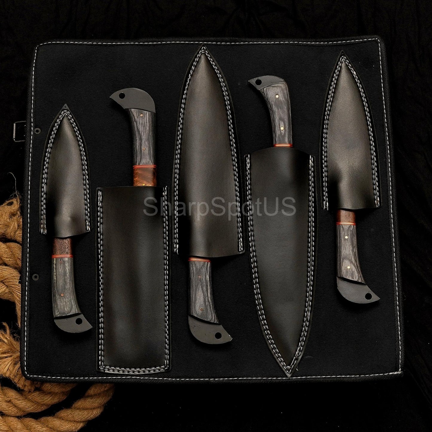 Forged Damascus Chef Knife Set with Leather Roll