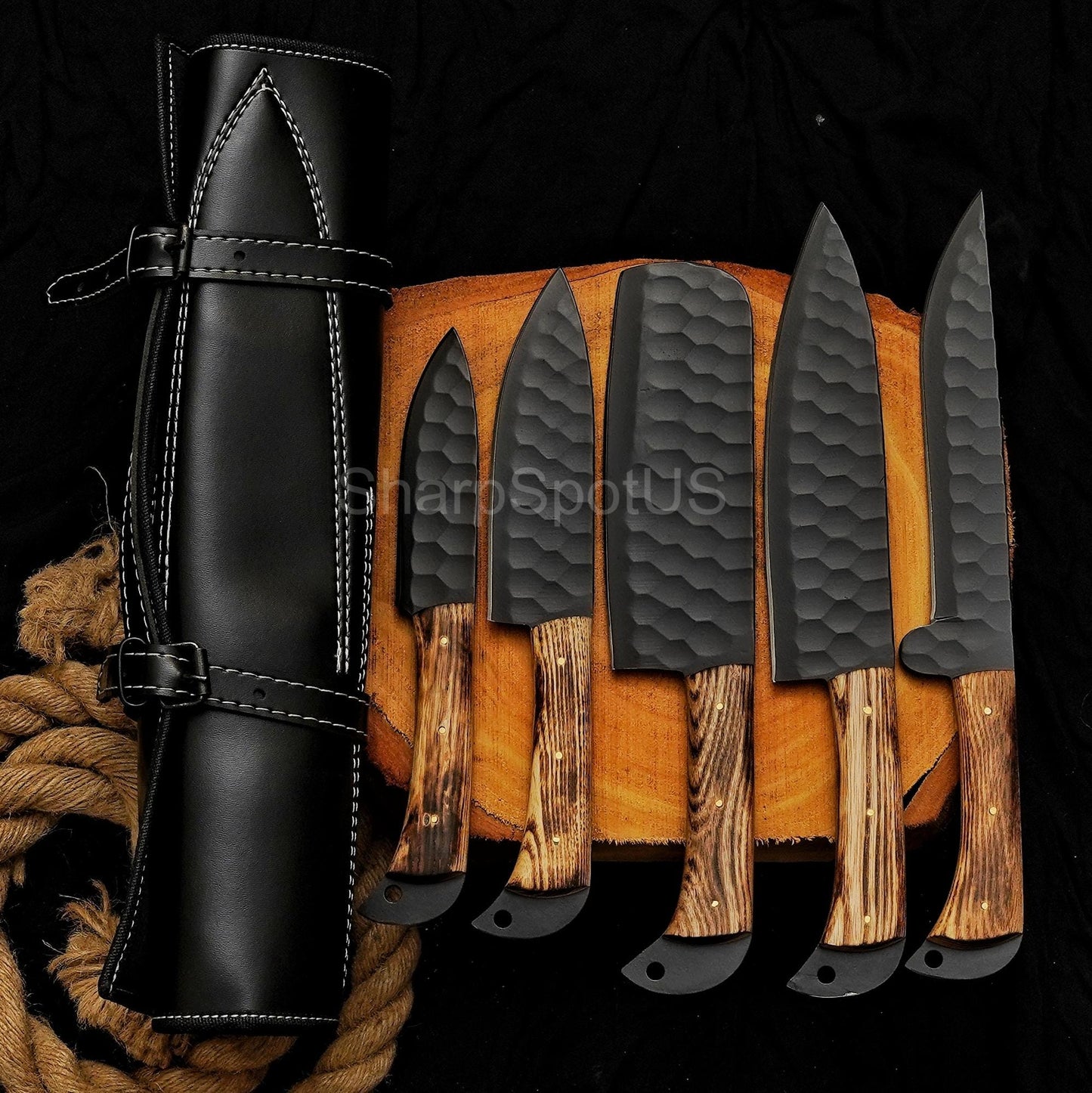 Forged Damascus Chef Knife Set with Leather Roll