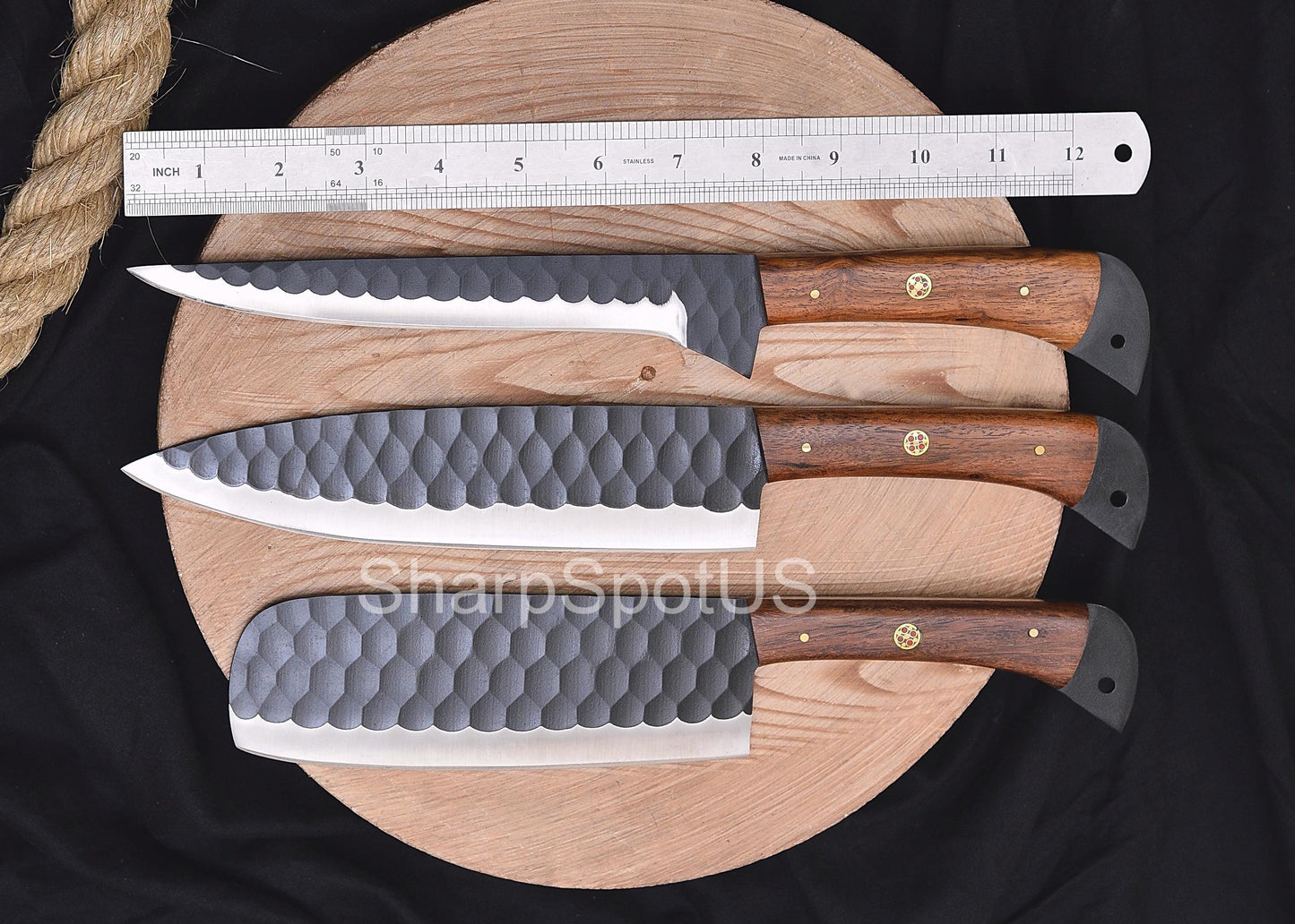 Forged Damascus Chef Knife Set with Leather Roll