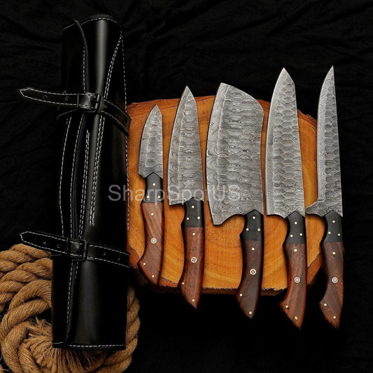 Forged Damascus Chef Knife Set with Leather Roll