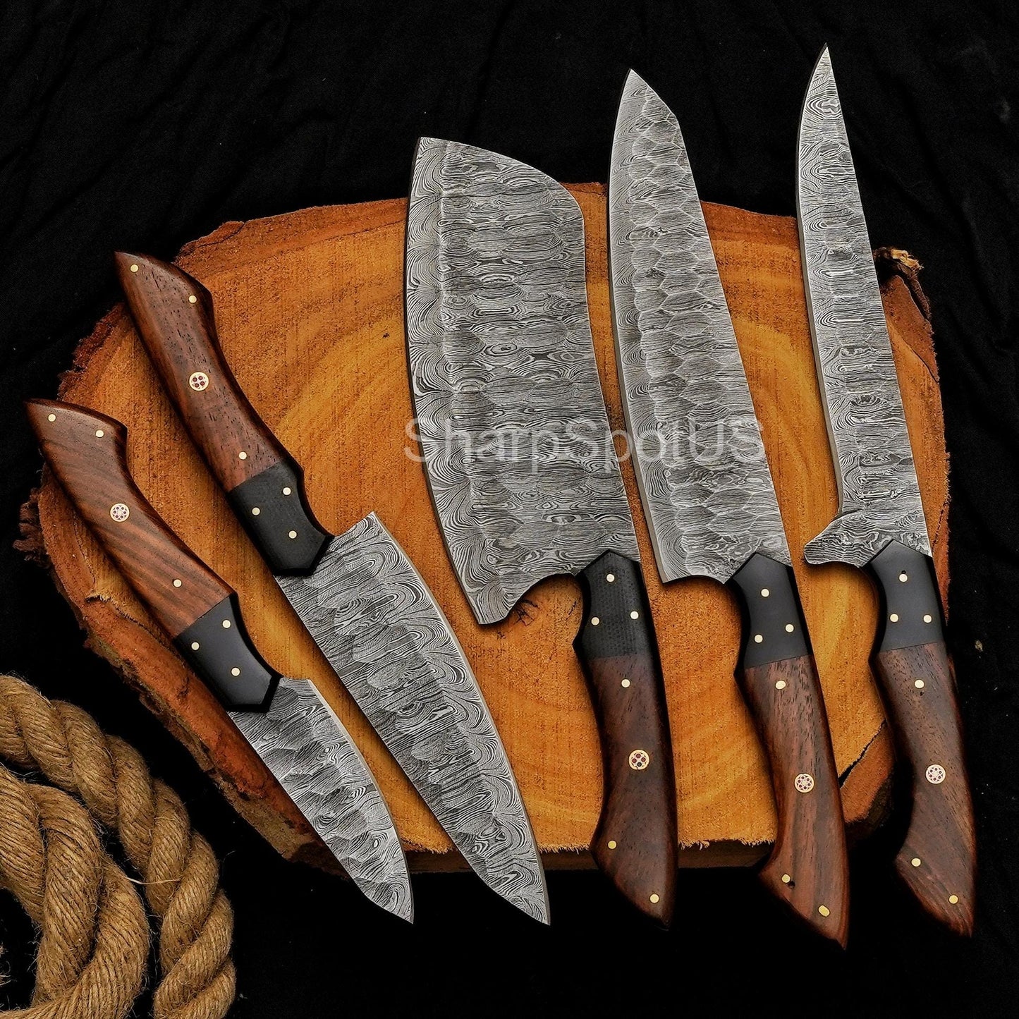 Forged Damascus Chef Knife Set with Leather Roll