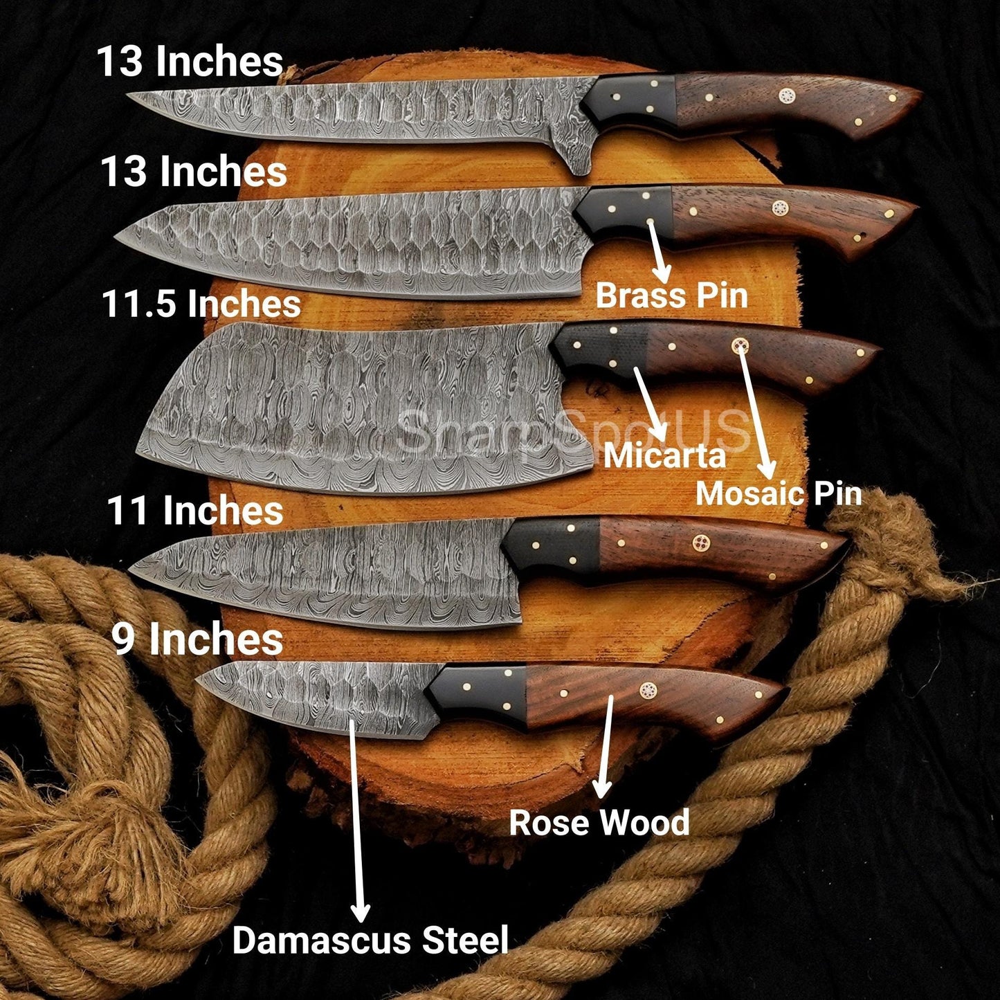 Forged Damascus Chef Knife Set with Leather Roll