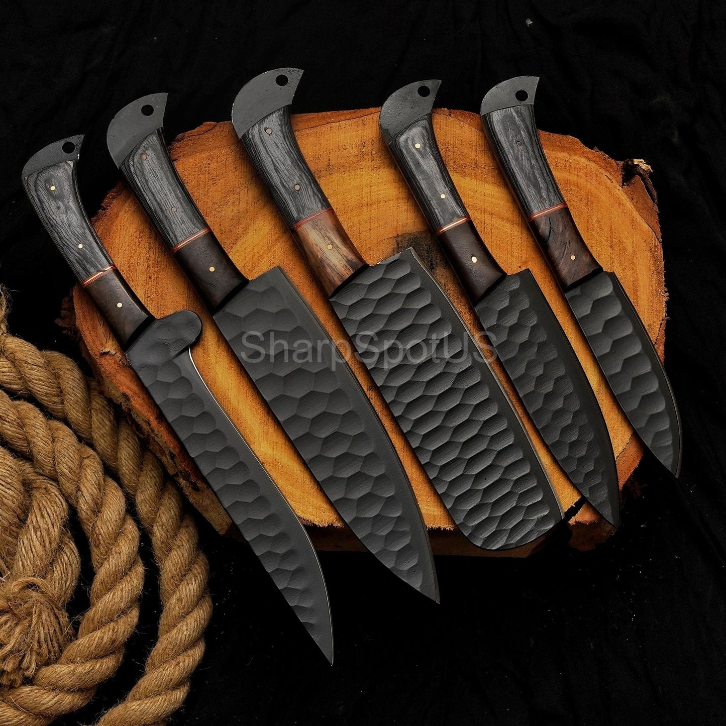 Forged Damascus Chef Knife Set with Leather Roll