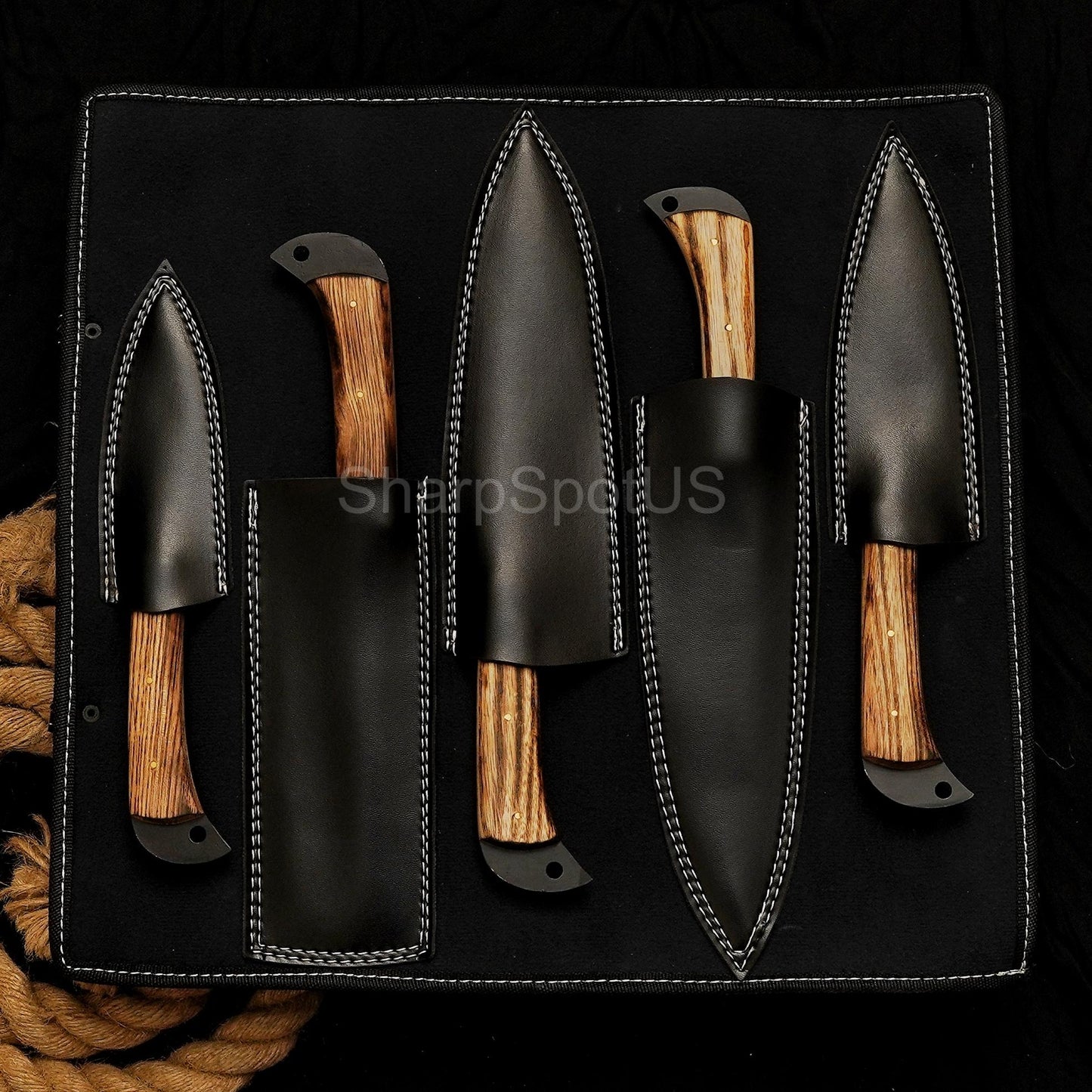 Forged Damascus Chef Knife Set with Leather Roll