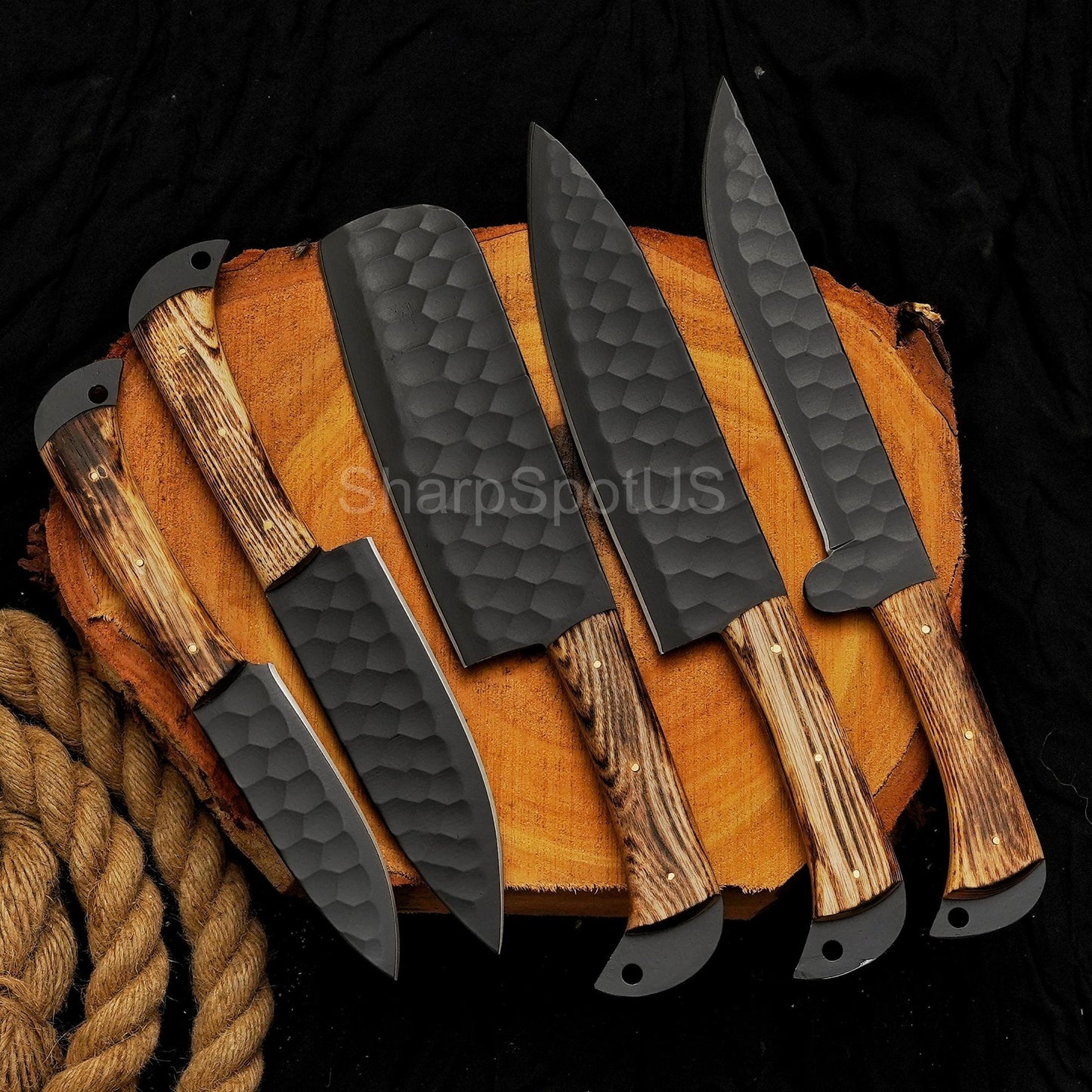 Forged Damascus Chef Knife Set with Leather Roll