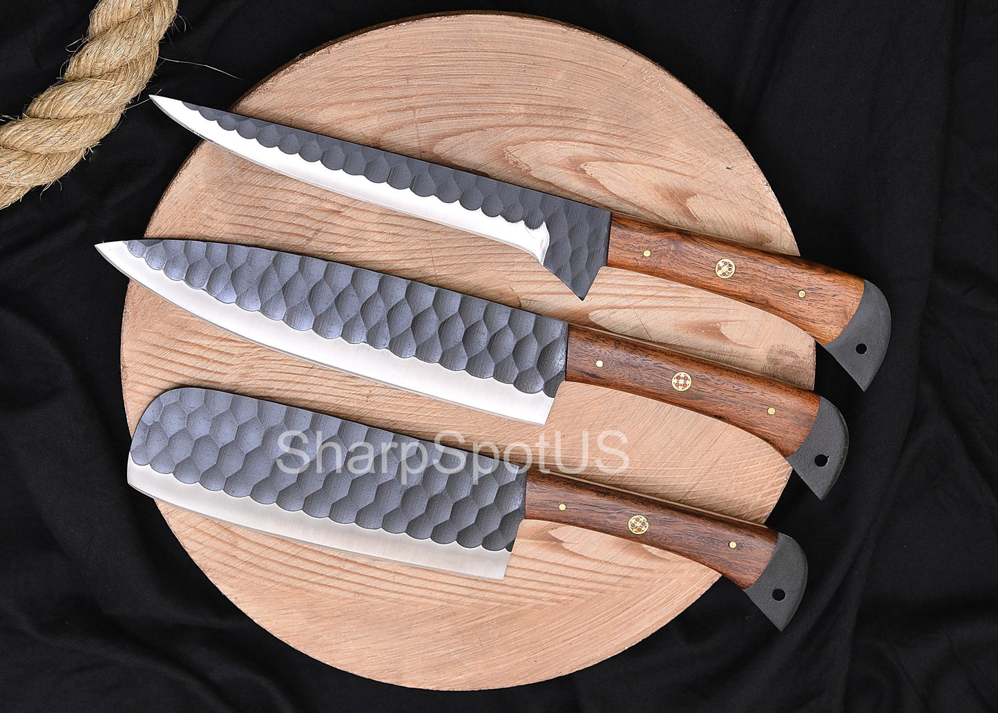 Forged Damascus Chef Knife Set with Leather Roll