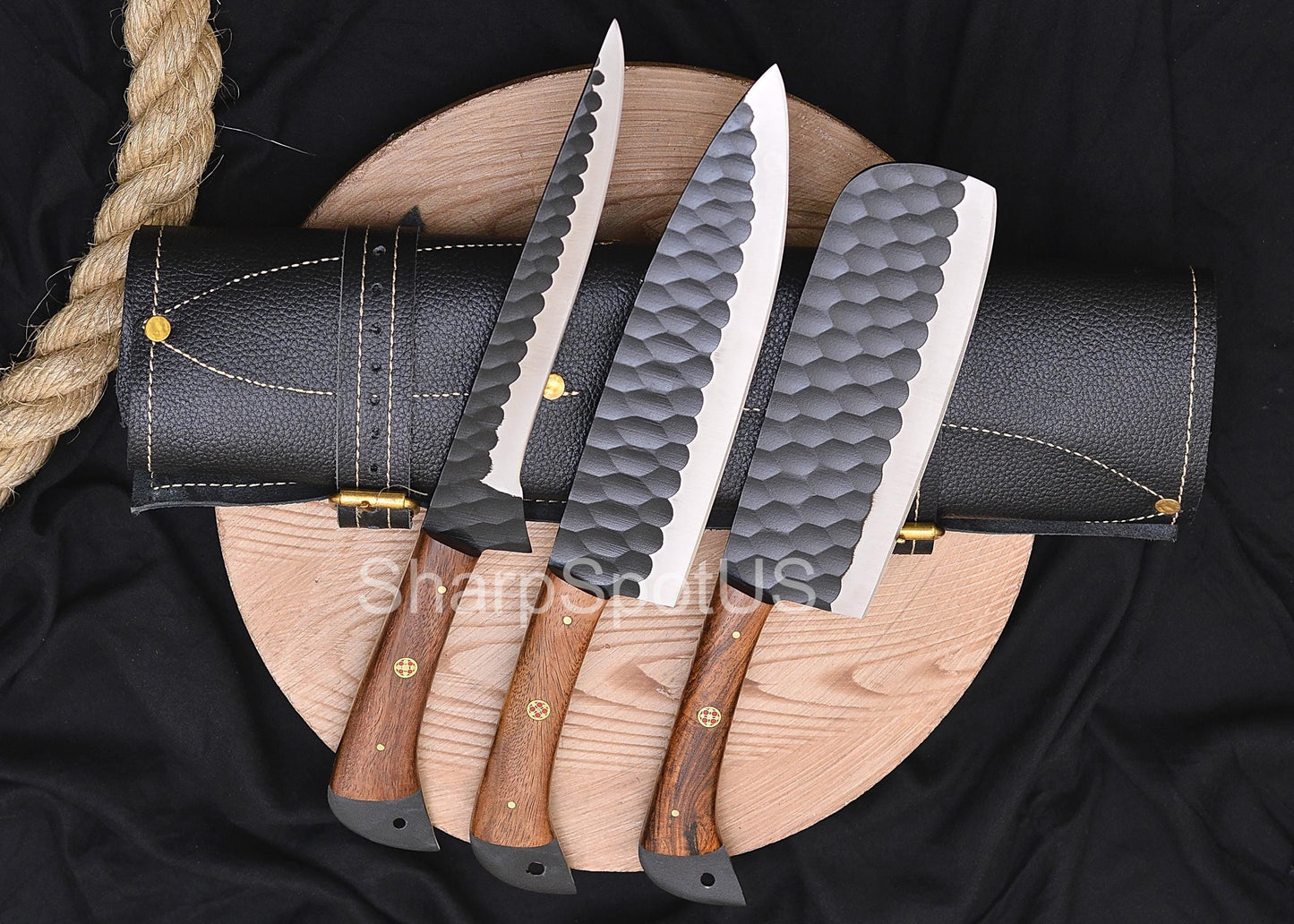 Forged Damascus Chef Knife Set with Leather Roll