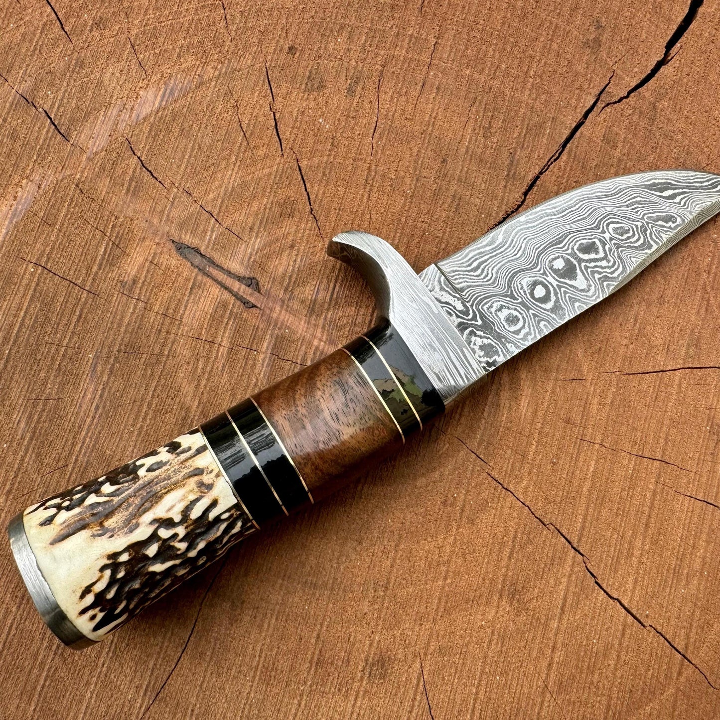 Handmade Damascus Hunting Knife with Leather Sheath