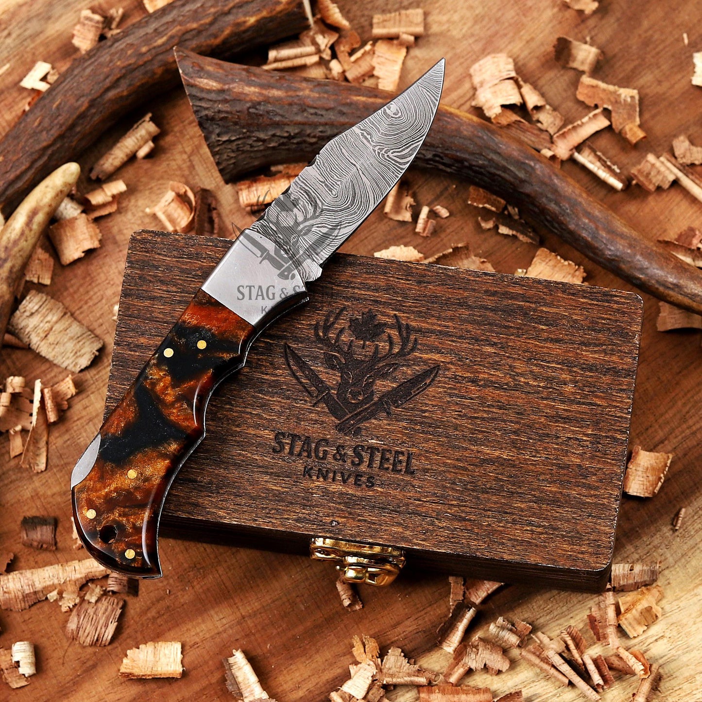 Copper Damascus Folding Knife – Personalized Gift for Him