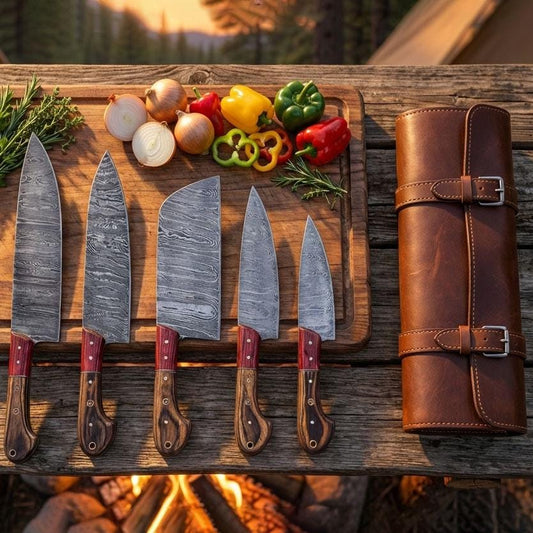 Hand-Forged Damascus Chef Knife Set, 5-Piece