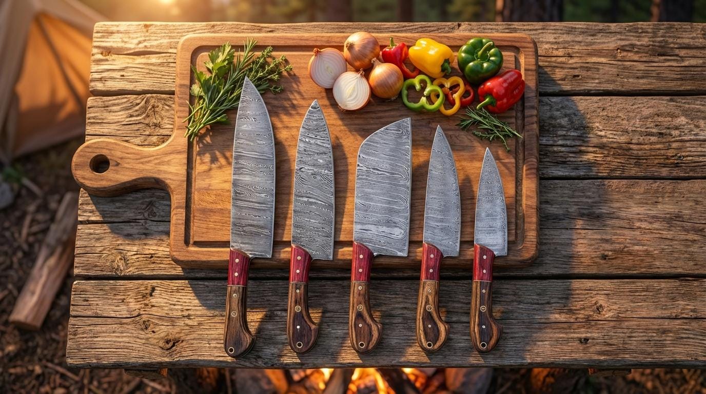 Hand-Forged Damascus Chef Knife Set, 5-Piece