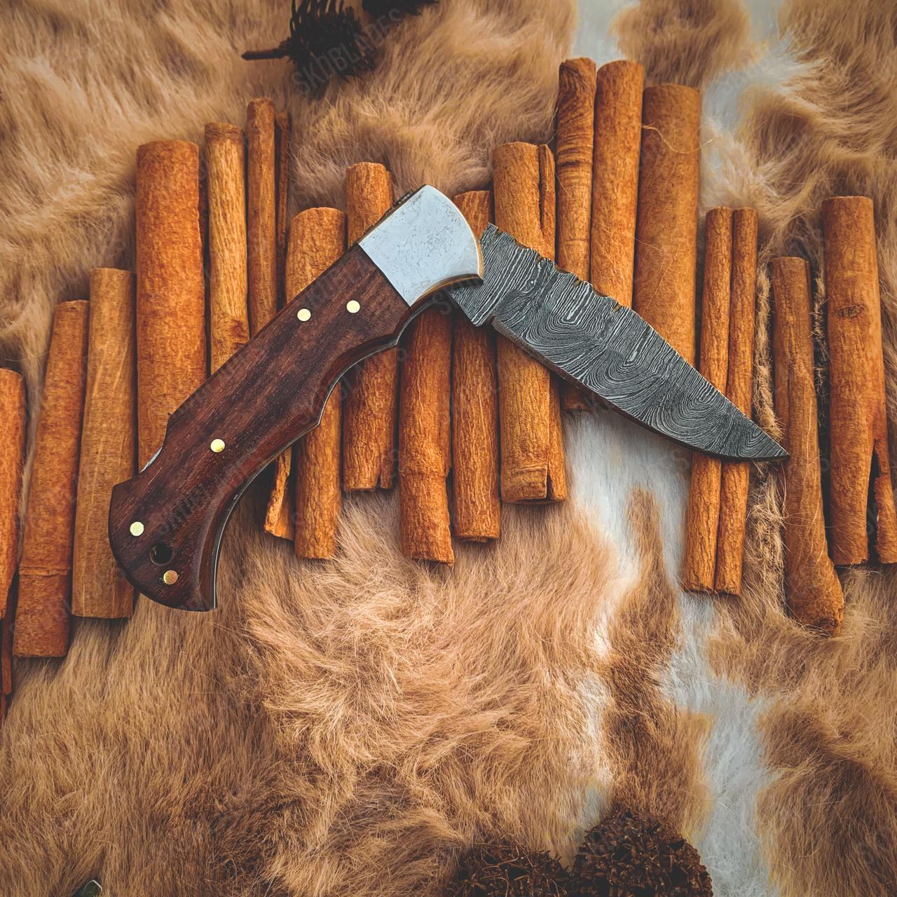 Damascus Folding Pocket Knife – Handmade, Gift for Him or Her