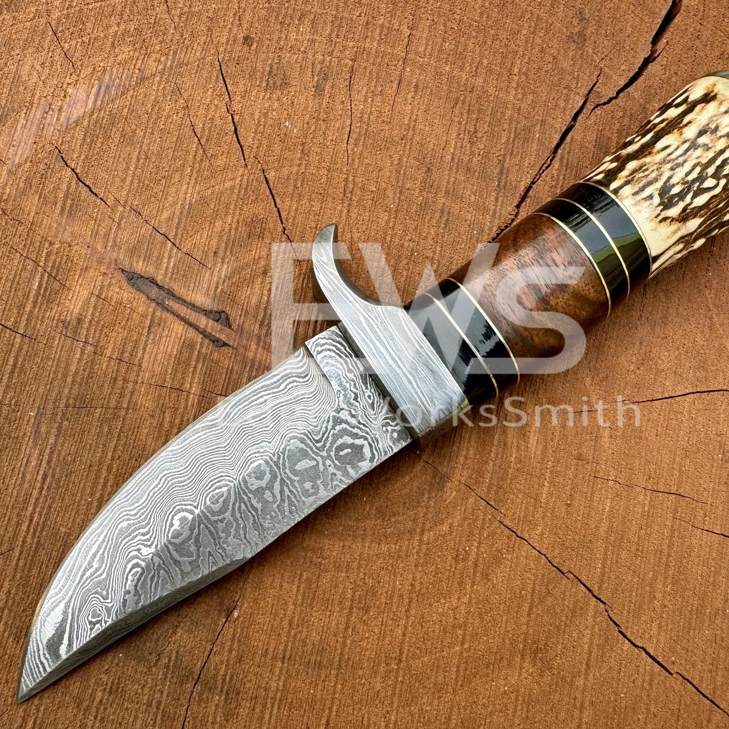 Handmade Damascus Hunting Knife with Leather Sheath