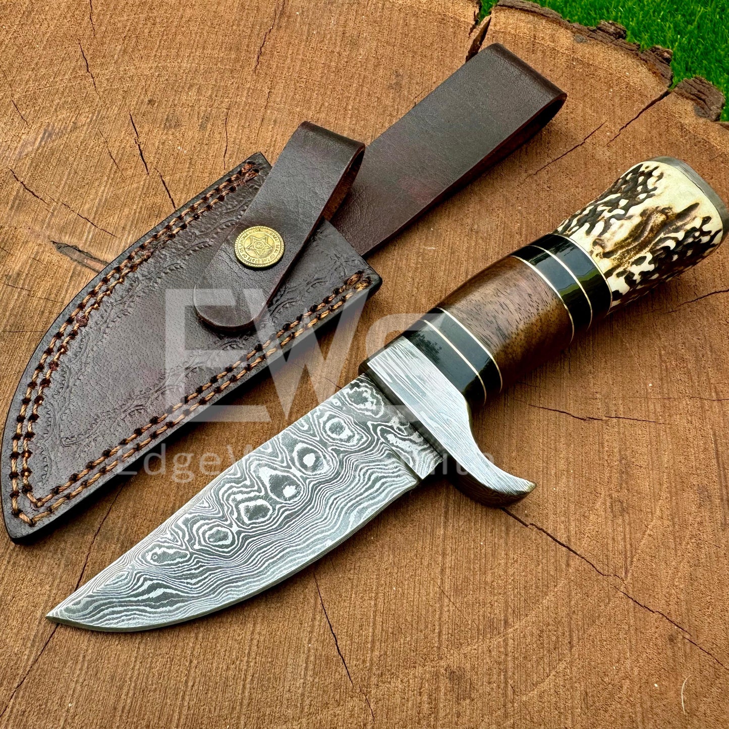 Handmade Damascus Hunting Knife with Leather Sheath