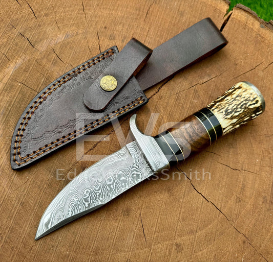 Handmade Damascus Hunting Knife with Leather Sheath