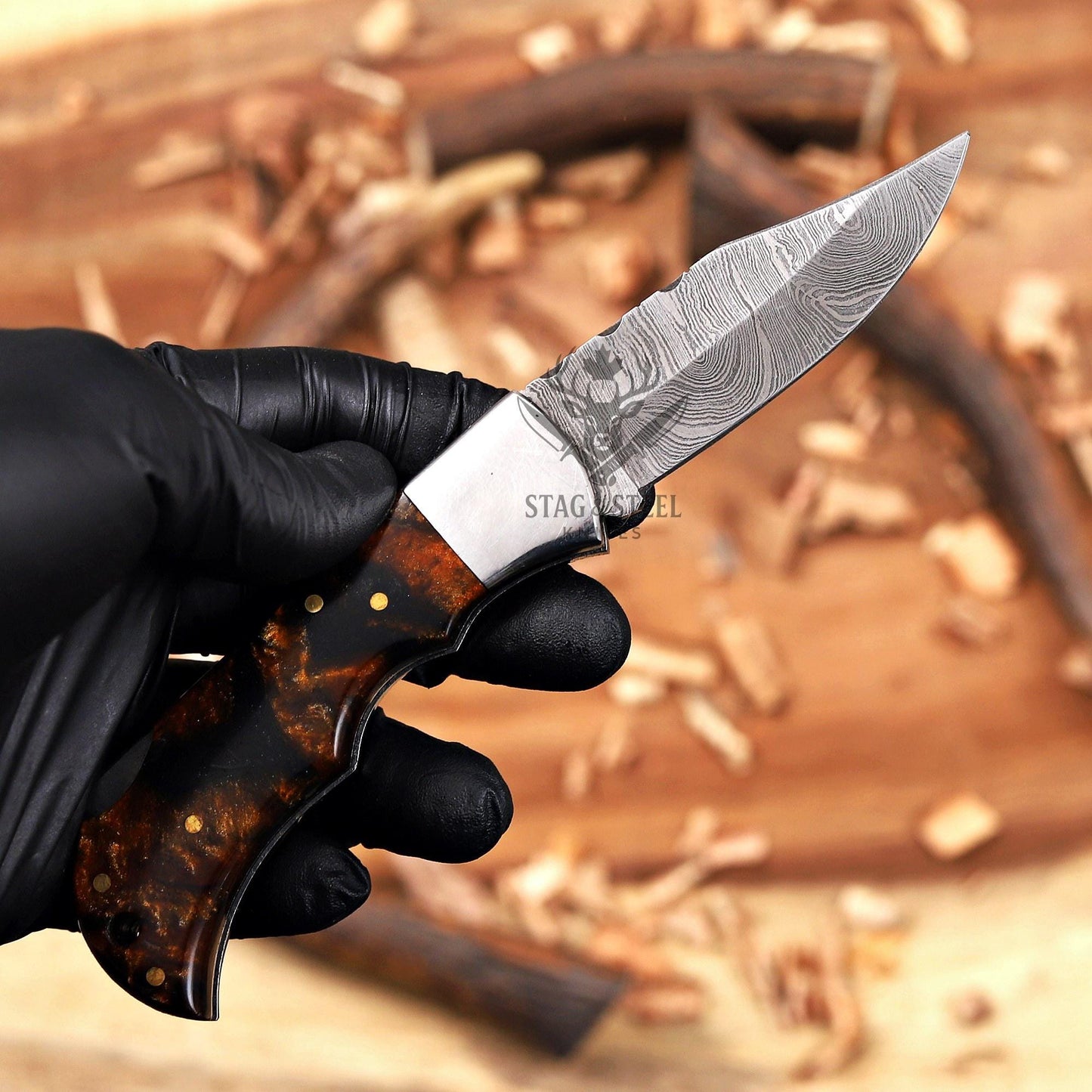 Copper Damascus Folding Knife – Personalized Gift for Him