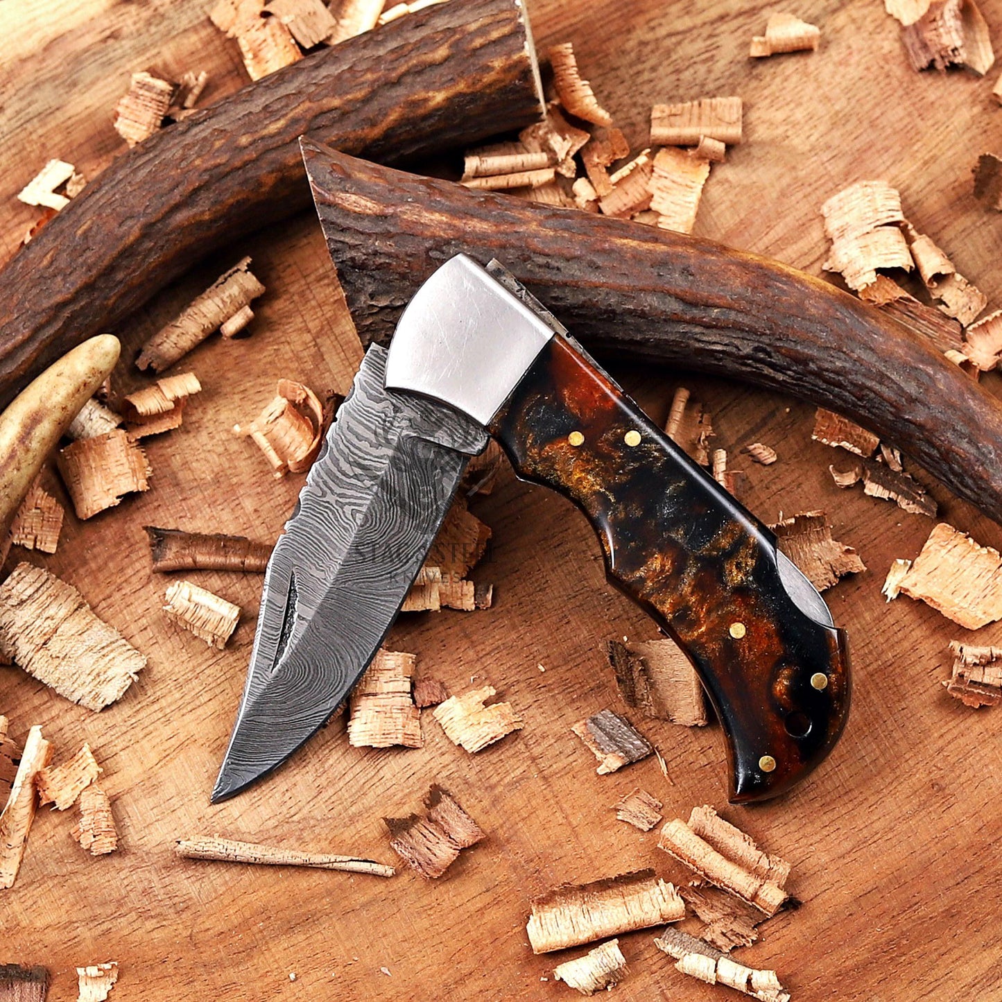 Copper Damascus Folding Knife – Personalized Gift for Him