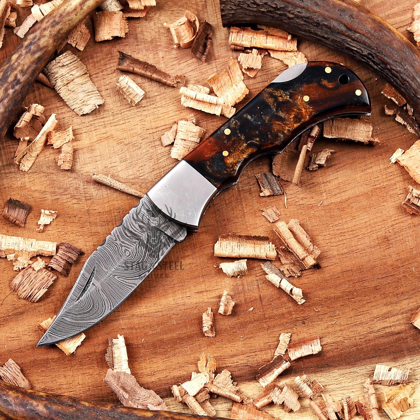 Copper Damascus Folding Knife – Personalized Gift for Him