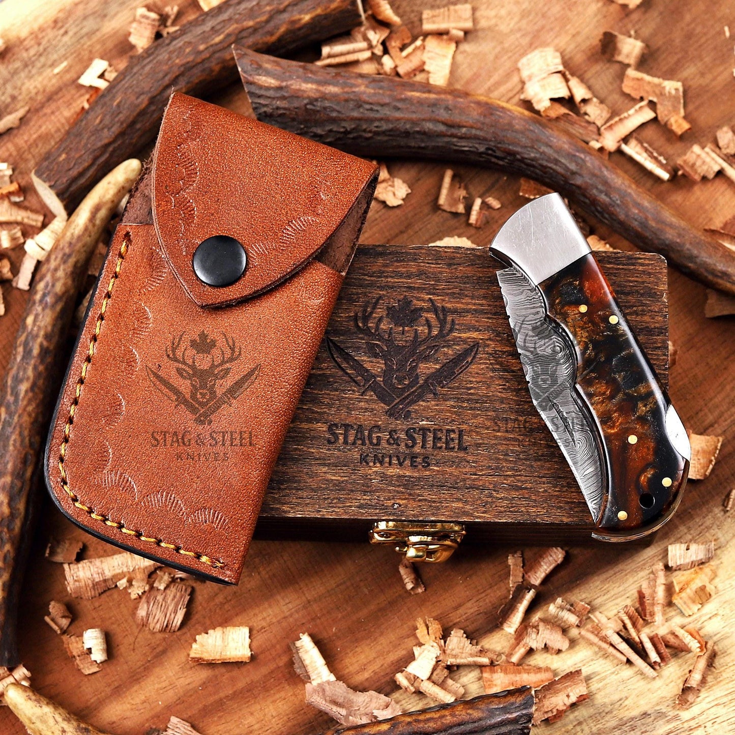 Copper Damascus Folding Knife – Personalized Gift for Him